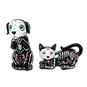 Day of the Dead Cat and Dog Figurine Set 2 Glossy Resin Skeleton Statues